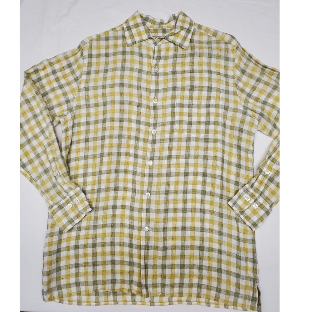 True Measure JL Powell Mens M Linen Plaid Shirt Yellow Olive Check